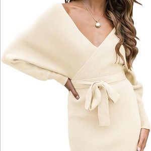 ZESICA Long Batwing Sleeve Wrap V Neck Knitted Backless Bodycon Sweater Dress